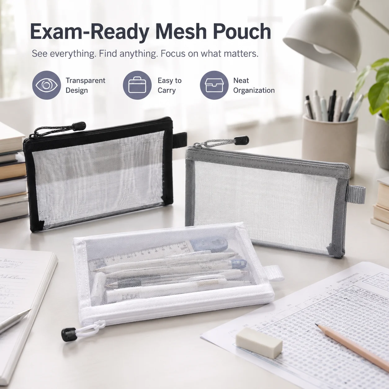 Clear Mesh Pencil Pouch For Exam - Astuccio Trasparente in Rete con Cerniera,